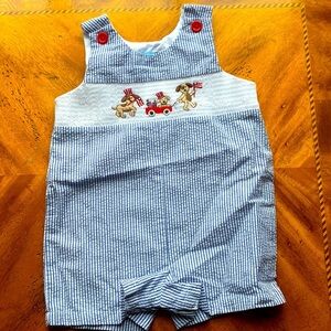 Good Lad blue and white seersucker Jon Jon with 4th of July smocked dogs